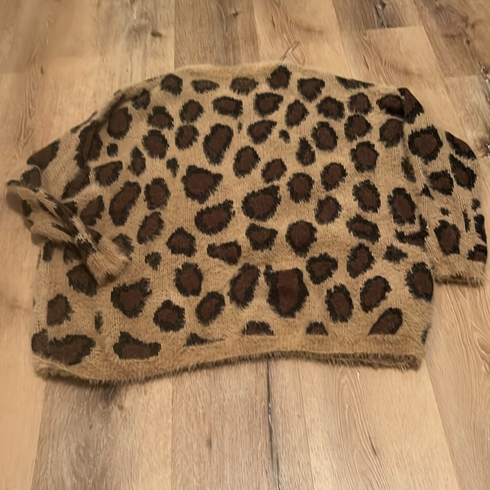 Altar'd State Fuzzy Knit Leopard Print Drop Sleeve Pullover Sweater, L/XL - Picture 7 of 8